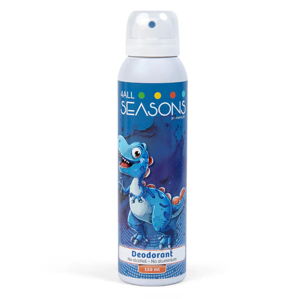 Dino deodorantspray in blauwe spuitbus met een blauwe dinosaurus en doorzichtige dop