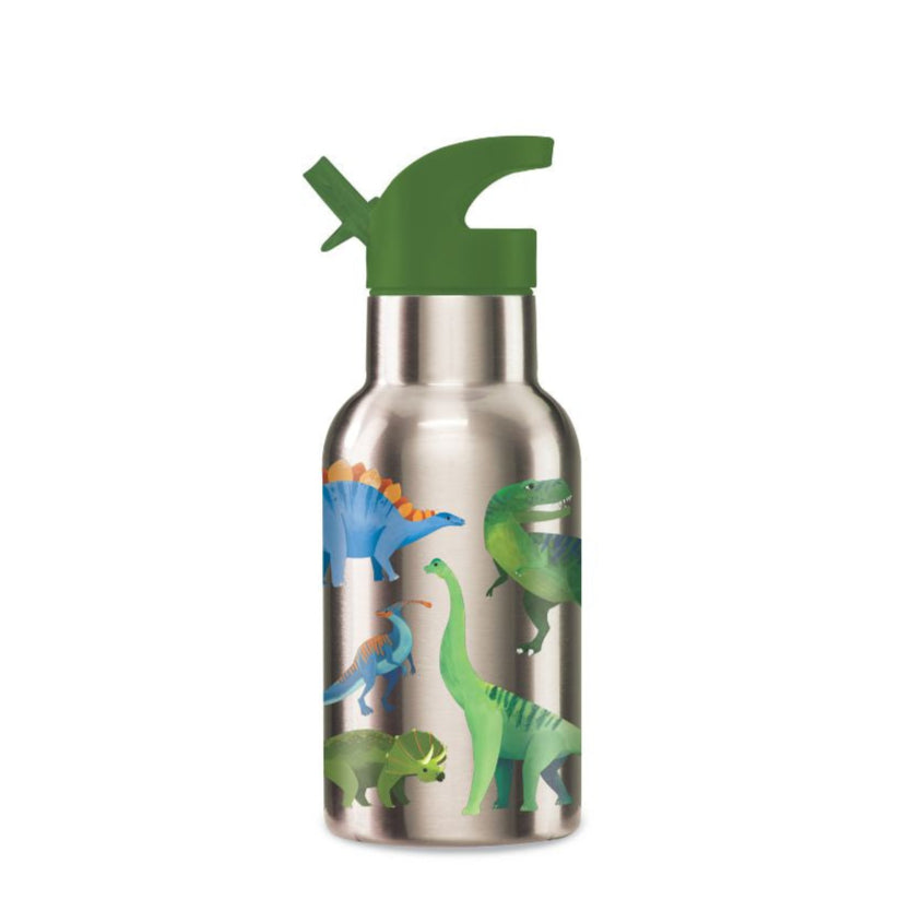 Zilverkleurige drinkfles Dino met kleurrijke dinosaurussen en een groene dop met drinktuit.