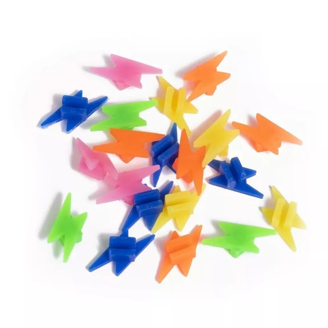 Bliksemvormige fietskralen in blauw, groen, geel, oranje en roze, los op een witte achtergrond.