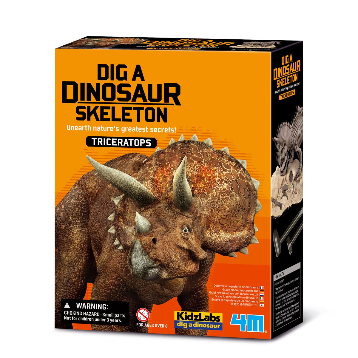 Oranje verpakking van Graaf Je Dino Op Triceratops met een grote triceratops op de voorkant.