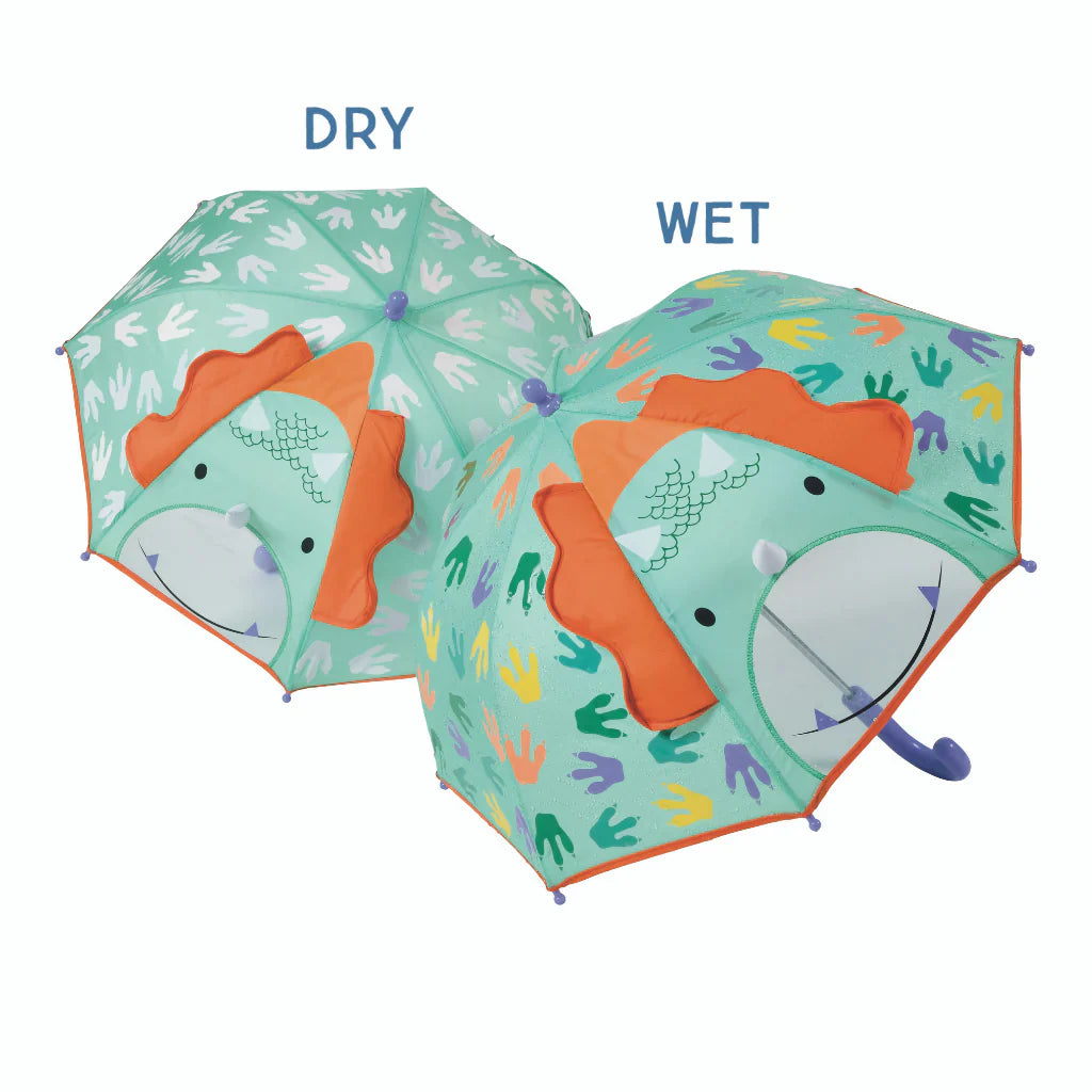 Mintgroene 3D-dinoparaplu met oranje details en kijkvenster, met witte pootafdrukken droog en gekleurde wanneer nat