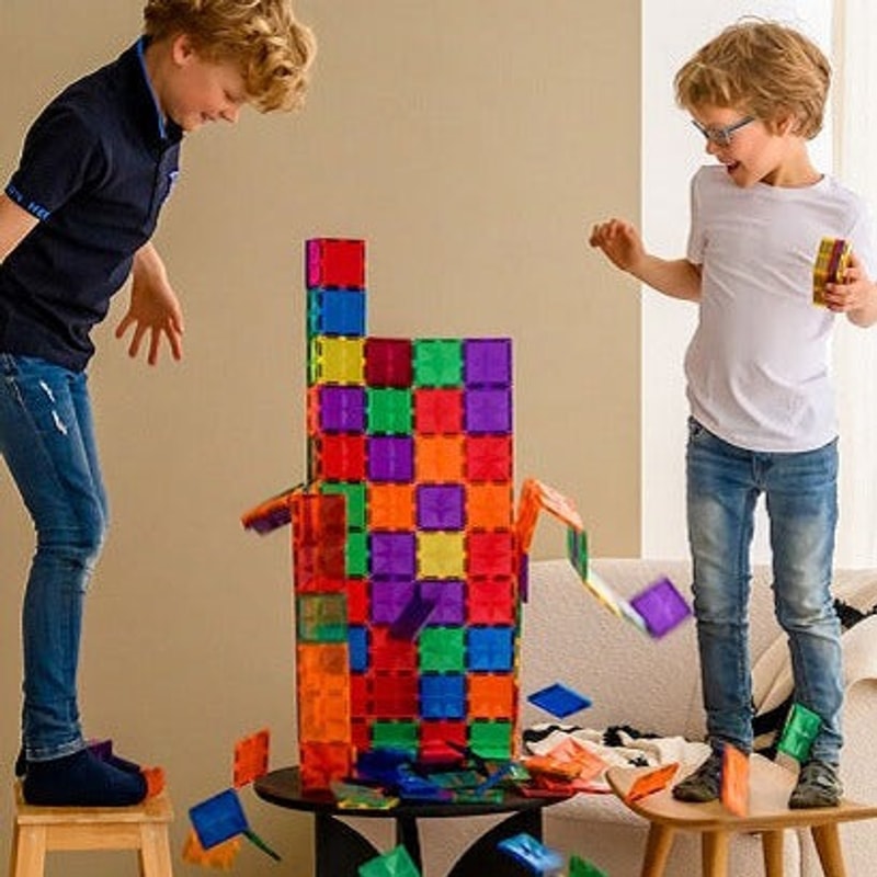 Twee kinderen op krukjes naast een hoge, kleurrijke toren van magnetische bouwblokken met vallende blokken