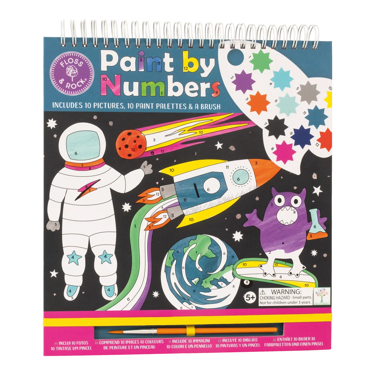 Painting By Numbers Space met astronaut, raket en paarse alien op de omslag van het spiraalblok.
