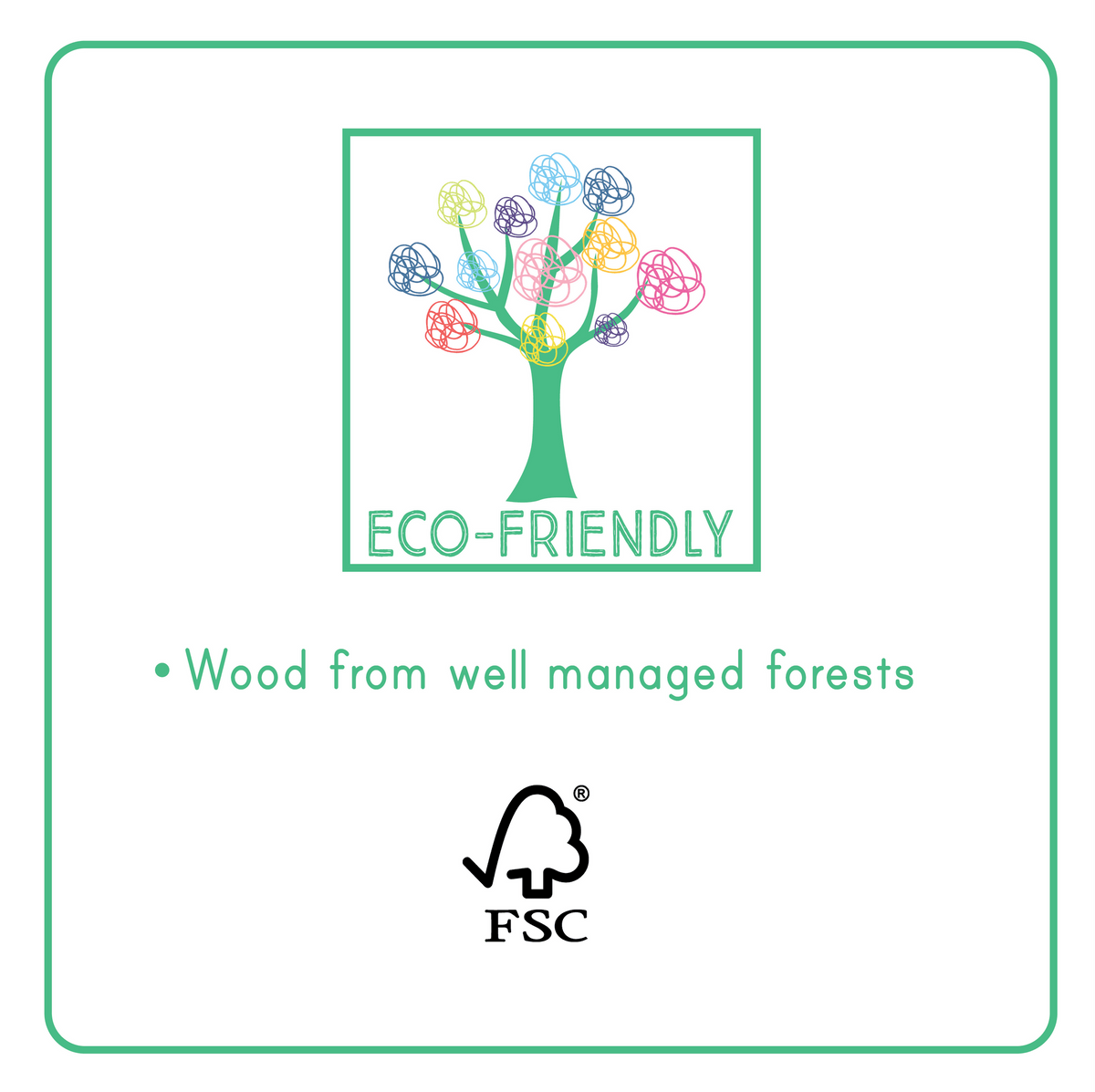 Milieu-informatie bij het dino-springtouw: FSC-logo en tekst over hout uit goed beheerde bossen.