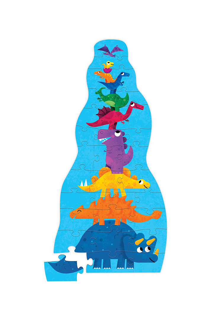 Tower Puzzel Dino met kleurrijke dinosaurussen op elkaar gestapeld en een los puzzelstuk onderaan.