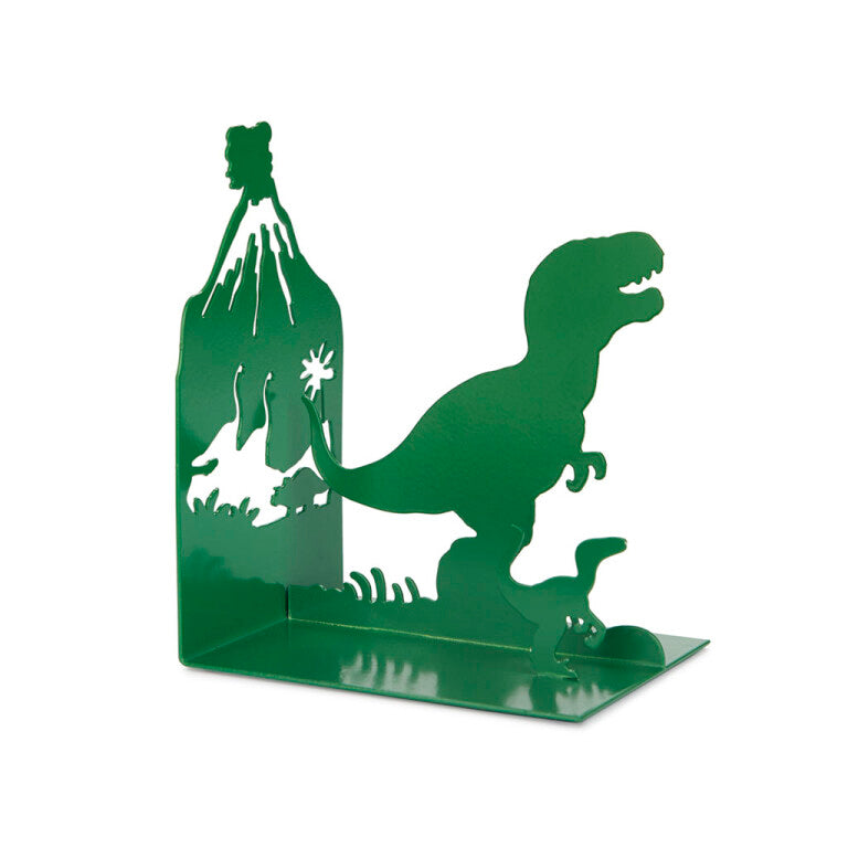 Groene metalen Dino-boekensteun met grote en kleine dinosaurus en een vulkaan, tegen een witte achtergrond.