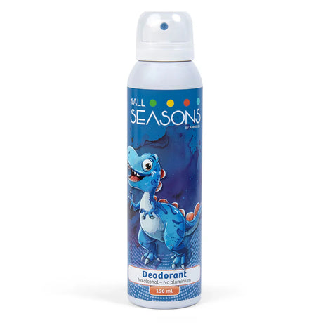 Dino deodorantspray in blauwe spuitbus met een blauwe dinosaurus en doorzichtige dop