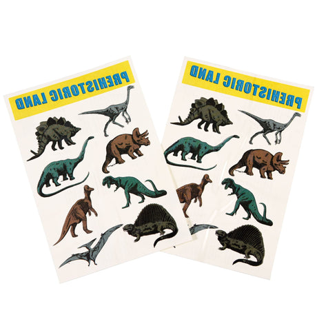 Twee vellen dino-plaktattoos met groene, bruine en grijze prehistorische dieren op een witte achtergrond