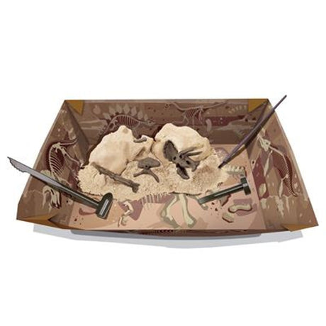 Triceratops-opgraafset met deels blootgelegde botten in een gipsblok en graafwerktuigen op een kartonnen ondergrond.