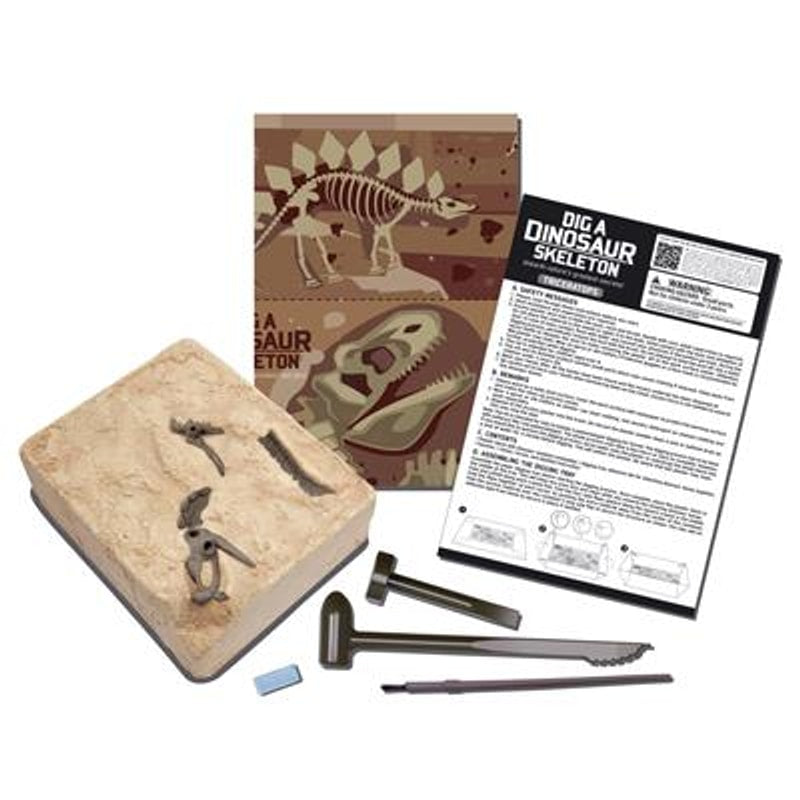 Inhoud van Graaf Je Dino Op Triceratops: gipsblok met botten, graafwerktuigen en handleiding.