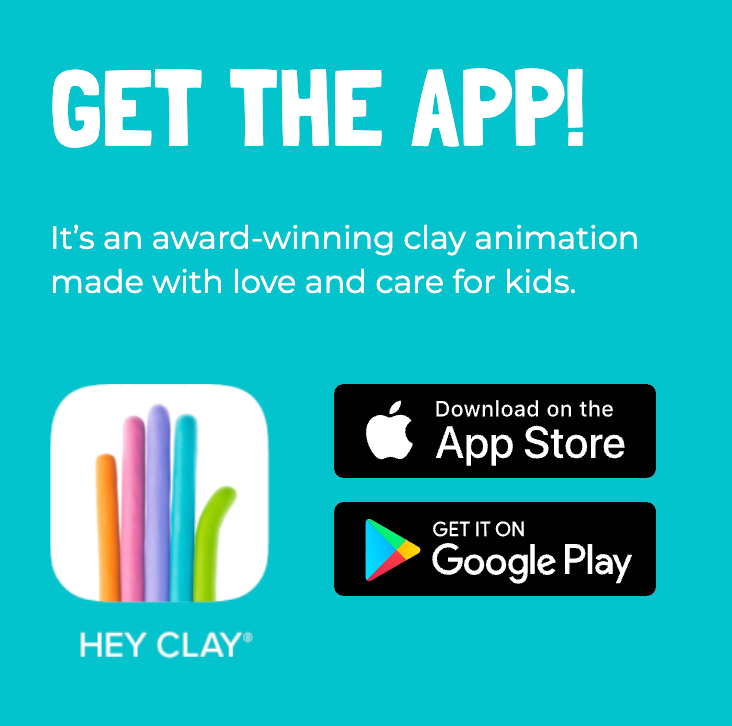 Turquoise Hey Clay-promotie met het app-icoon en downloadknoppen voor de App Store en Google Play.