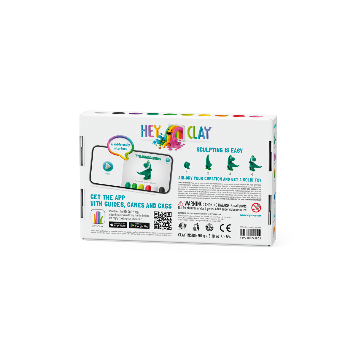 Achterkant van de Hey Clay Pack 6 Dino-doos met boetseerstappen voor een dinosaurus en informatie over de app.
