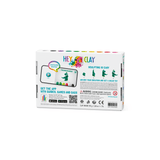 Achterkant van de Hey Clay Pack 6 Dino-doos met boetseerstappen voor een dinosaurus en informatie over de app.