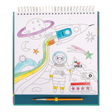 Open Space-schilderblok met deels ingekleurde astronaut, raket en planeet, met kwast onderaan.