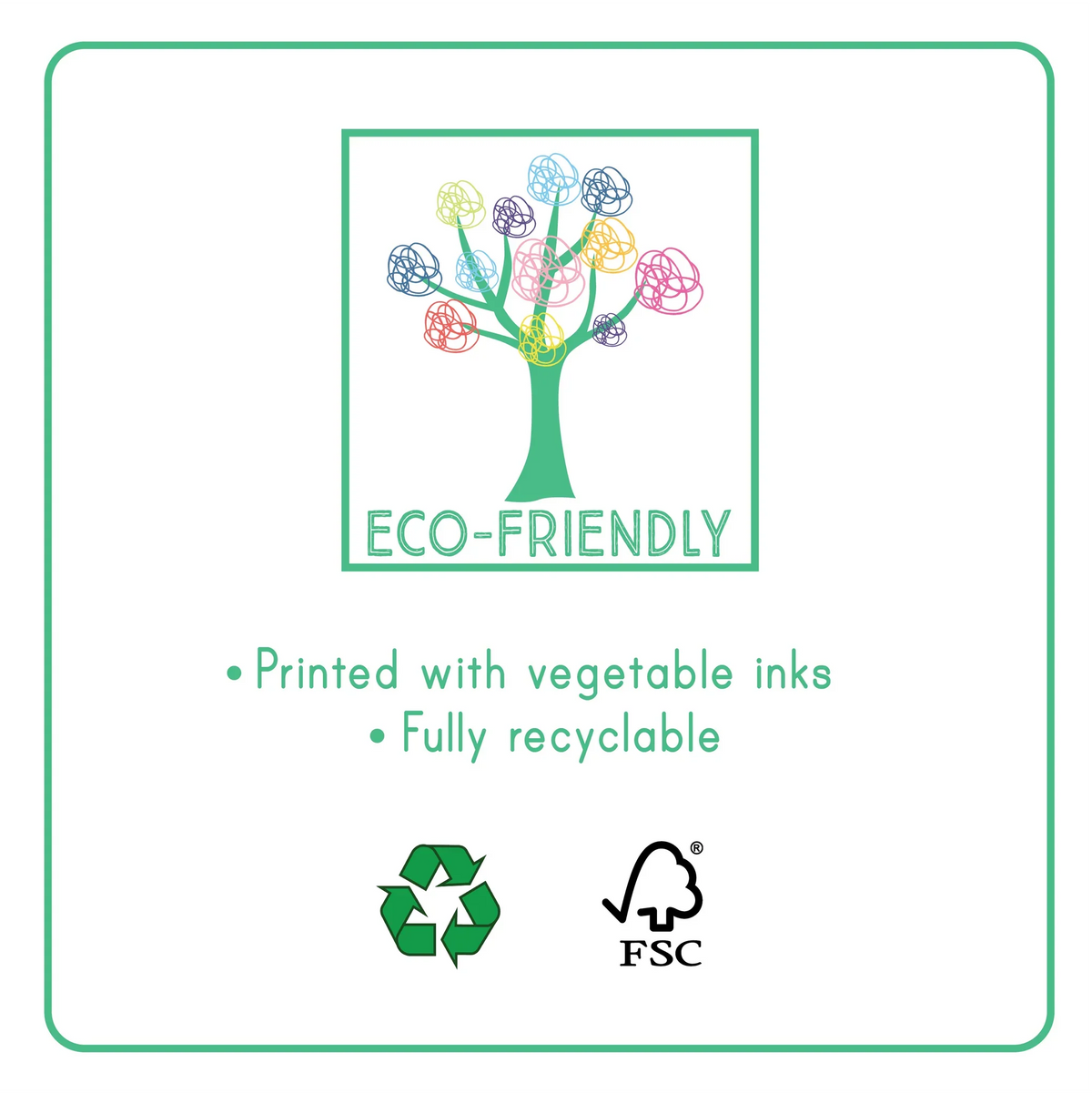 Milieu-informatie met boomillustratie: plantaardige inkten, volledig recyclebaar en FSC-logo.
