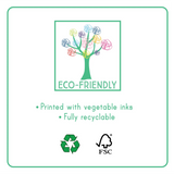 Milieu-informatie met boomillustratie: plantaardige inkten, volledig recyclebaar en FSC-logo.