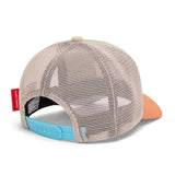 Achterkant van de Mini Anis pet met beige mesh, turquoise verstelbare sluiting en oranje klep.