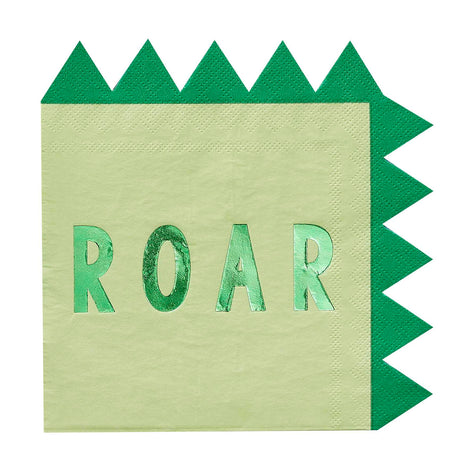 Lichtgroene Dino-servet met glanzend groene tekst ‘Roar’ en donkergroene driehoekige stekels langs de rand