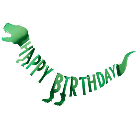 Groene dino-slinger met de tekst 'Happy Birthday', een dinosaurushoofd, poten en staart op een witte achtergrond.