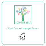 Milieu-informatie bij het dino-springtouw: FSC-logo en tekst over hout uit goed beheerde bossen.