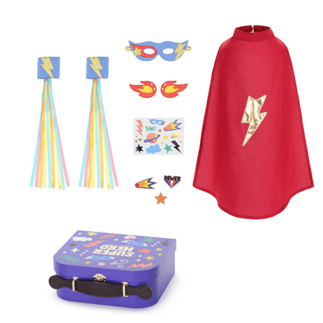 Super Hero Box met paars koffertje, rode cape, blauw masker, manchetten met kleurrijke linten, stickers en accessoires.