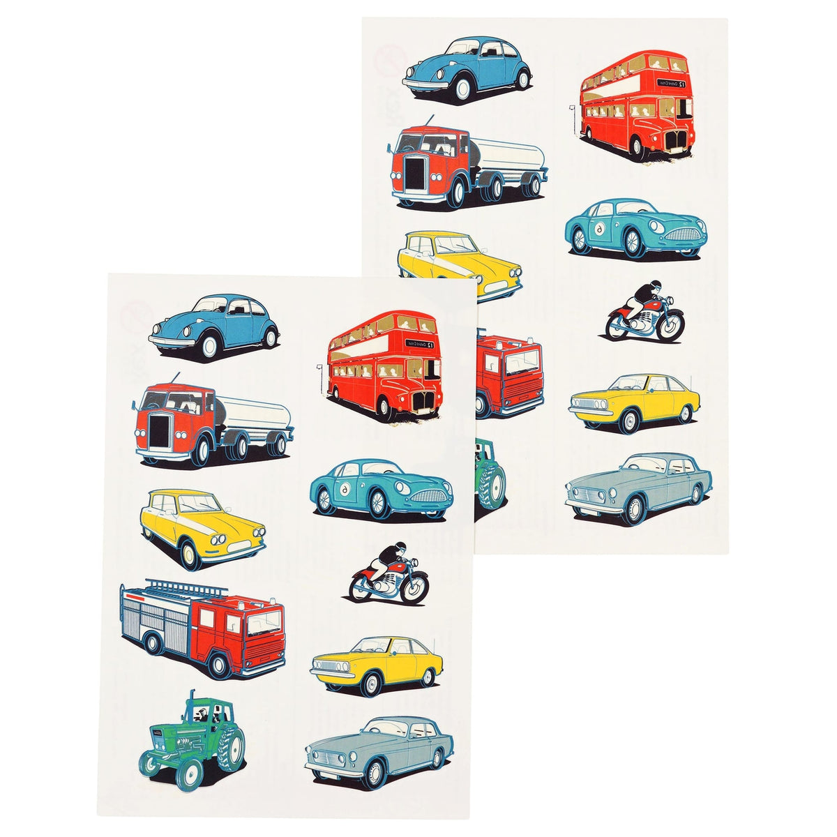 Twee vellen voertuigentattoos met kleurrijke auto's, rode bussen, tankwagens, brandweerwagens, motoren en tractoren.
